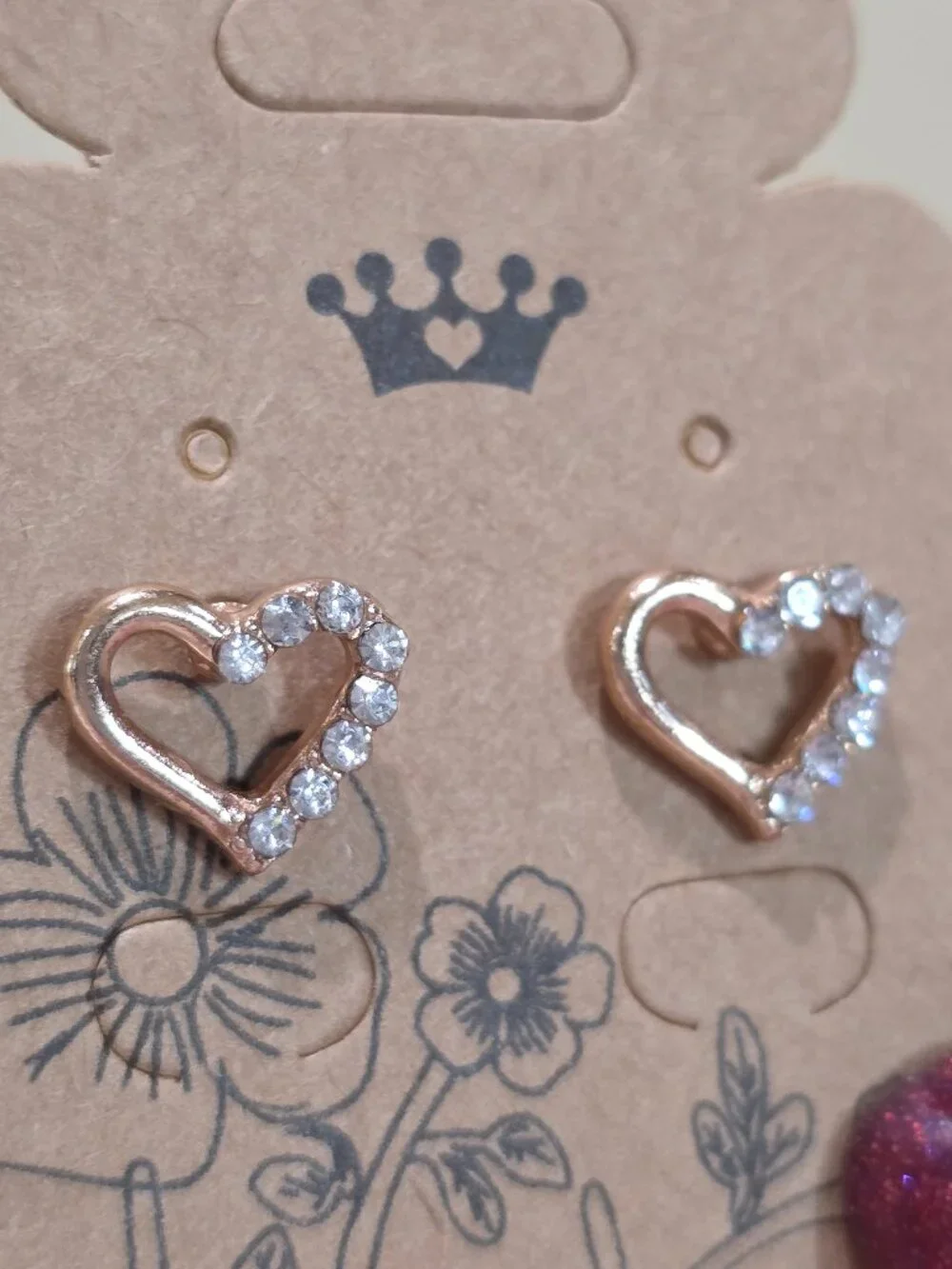 NOS Rose Gold Open HEART Rhinestone Accent Stud Pierced Earrings